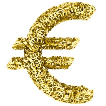 Big euro sign composed of many golden small euro signs on white background. High resolution 3d image