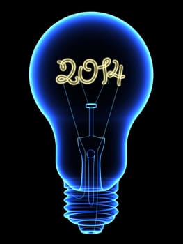 X-Ray lightbulb with sparkling 2014 digits inside isolated on black. High resolution 3D image