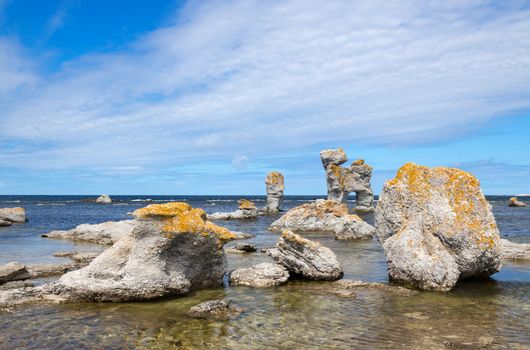 Limestone formations on Fårö island in Gotland, Sweden. These rocks are called "raukar" in Swedish.