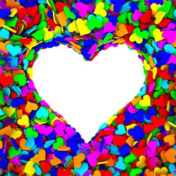 Blank frame of heart shape composed of many small colorful hearts. High resolution 3D image