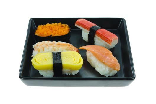 Japanese seafood sushi set on black dish