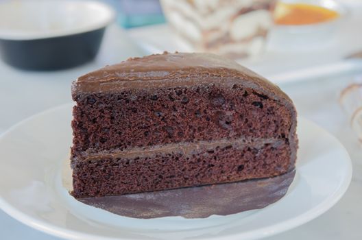 Slice of chocolate fudge cake on white dish