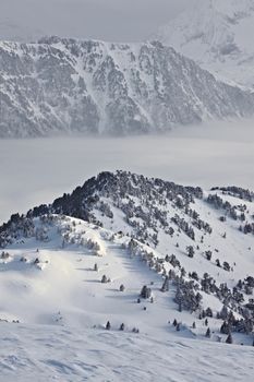 Snowy mountains in winter weather