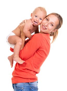 Young Caucasian woman and her baby son over white background