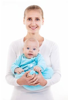 Happy young Caucasian woman and her baby son over white background