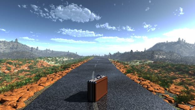suitcase on a deserted road as adventure concept background