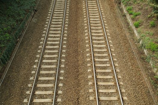 A pair of railway tracks viewed from above