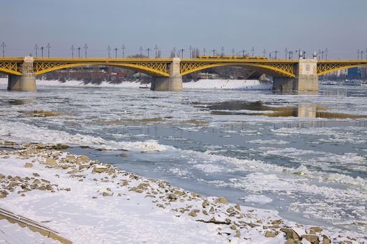 Ice sheets float on the river Danube