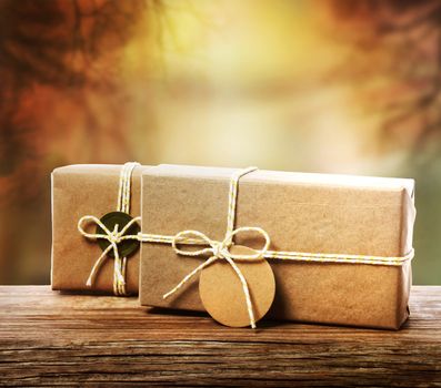 Handcrafted gift boxes with an autumn tree branch background