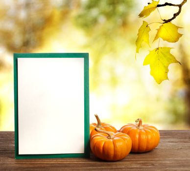 Small pumpkins and greeting card on shinning fall background