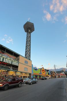 GATLINBURG, TENNESSEE - OCTOBER 5: The Gatlinburg Space Needle in Gatlinburg, Tennessee, October 5, 2013. Gatlinburg is a major tourist destination and gateway to Great Smoky Mountains National Park.