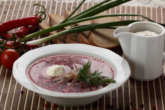 Cold and fresh soup with meat on the wooden table