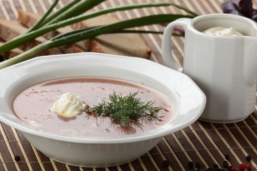 Cold and fresh soup with meat on the wooden table