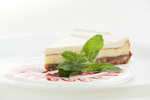 fresh and tasty cake on white dish and white background