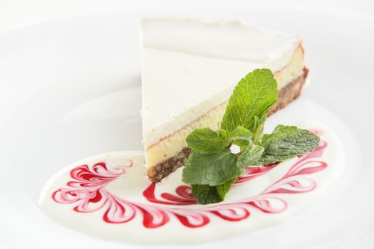 fresh and tasty cake on white dish and white background