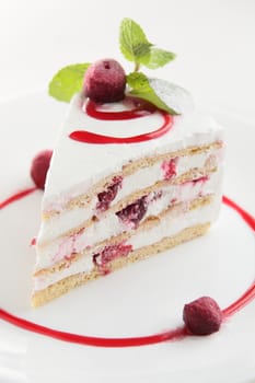 fresh and tasty cake on white dish and white background