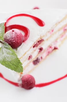 fresh and tasty cake on white dish and white background