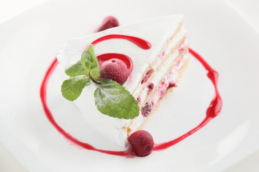 fresh and tasty cake on white dish and white background