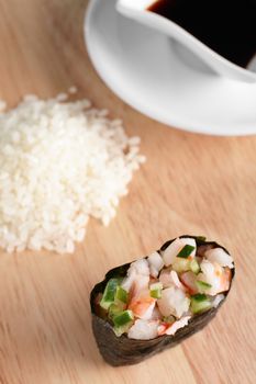 fresh and tasty sushi on bright background