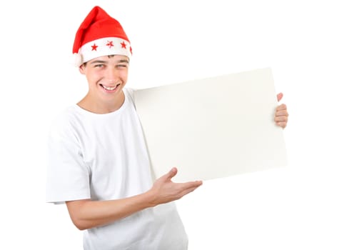 Happy Teenager holds White Board Isolated On The White Background