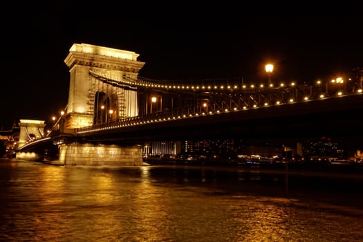 Night image with traffic of the hungarian chain Bridge extremly high donau