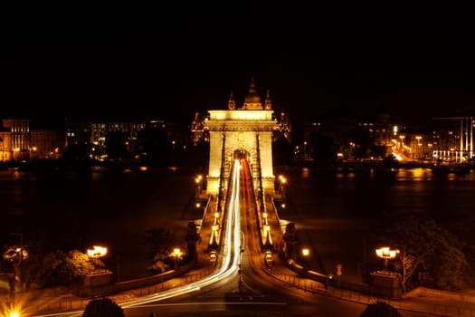 Night image with traffic of the hungarian chain Bridge extremly high donau
