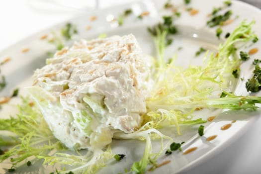 fresh and tasty european salad on white dish