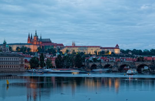 Night view of Prague - river Vltava, Gradchany, St. Vitus's cathedral