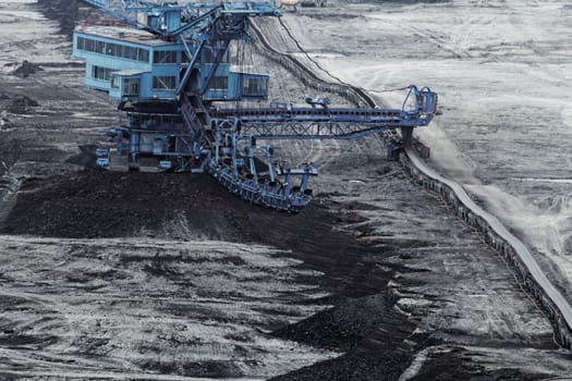 Coal mining in an open pit with huge industrial machine