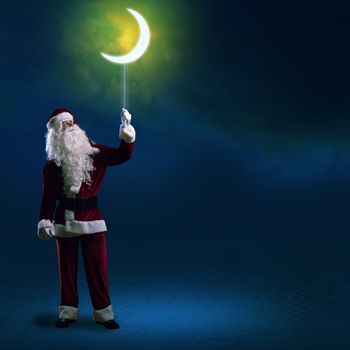 Santa Claus holding a string of luminous glowing moon