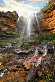 My view of the  Wentworth Falls waterfall from below.  Entire elevation  867 metres (2,844 ft The total height of the waterfall is 187 metres and the water comes from the Kedumba Creek,