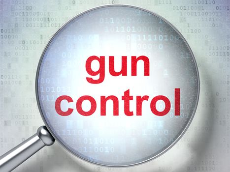 Magnifying optical glass with words Gun Control on digital background, 3d render