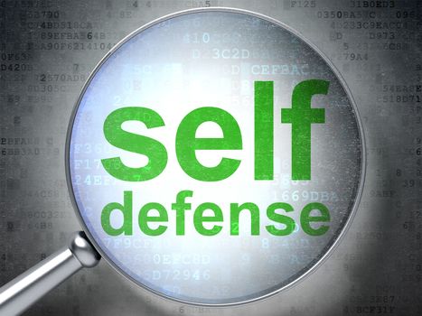 Magnifying optical glass with words Self Defense on digital background, 3d render