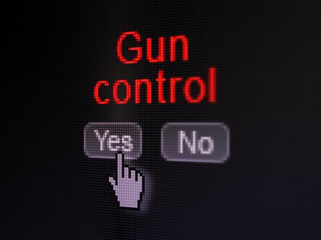 Safety concept: buttons yes and no with pixelated word Gun Control and Hand cursor on digital computer screen, selected focus 3d render