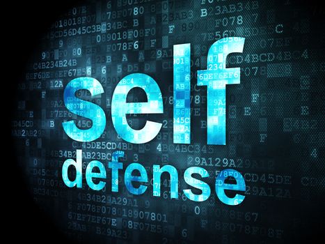 Protection concept: pixelated words Self Defense on digital background, 3d render