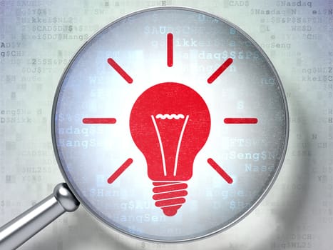 Magnifying optical glass with Light Bulb icon on digital background, 3d render