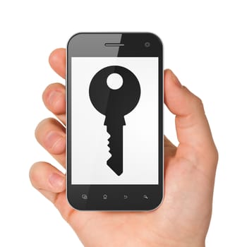 Privacy concept: hand holding smartphone with Key on display. Generic mobile smart phone in hand on White background.