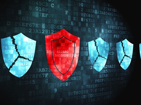 Protection concept: pixelated Shield icon on digital background, 3d render