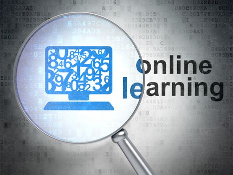 Magnifying optical glass with Computer Pc icon and Online Learning word on digital background, 3d render
