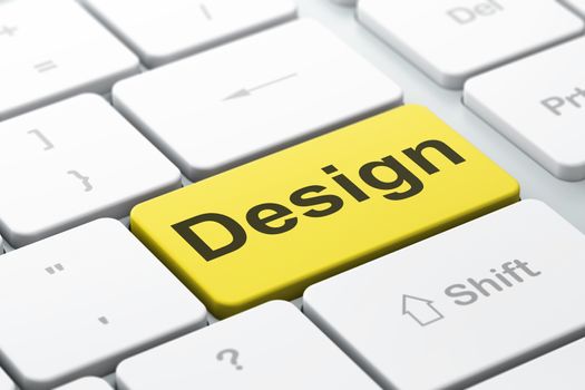 Advertising concept: computer keyboard with word Design, selected focus on enter button background, 3d render