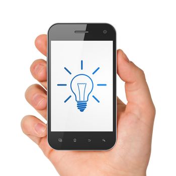 Finance concept: hand holding smartphone with Light Bulb on display. Generic mobile smart phone in hand on White background.