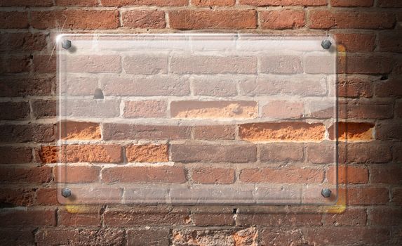 Glass or plexiglas framework on background texture with damaged brown bricks
