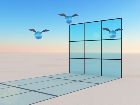 Window Of Opportunity In Flight - Crystal Balls with wings in front of a window on a outdoor perspective horizon.  Concept of opportunity and ideas taking off.