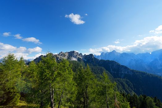 Julian Alps with top Cacciatori viewed from Mount Lussari in Friuli, northern Italy