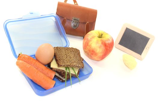 sandwich eaten during break with cheese, carrots and apple on a bright background