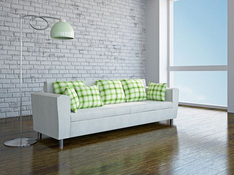 White sofa with green pillows in the room
