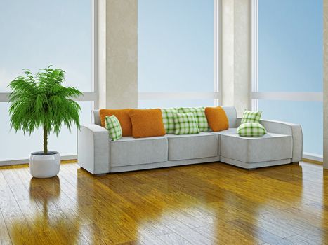 White sofa with green and orange pillows in the room