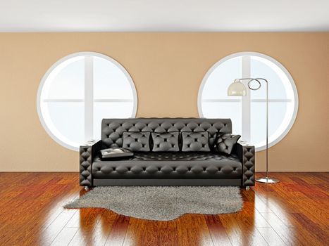 Leather sofa with pillows in the room