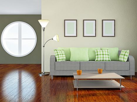 Sofa with green pillows in the room