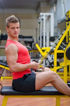 Attractive and fit young man in gym working out, doing pulley and exercising on equipment